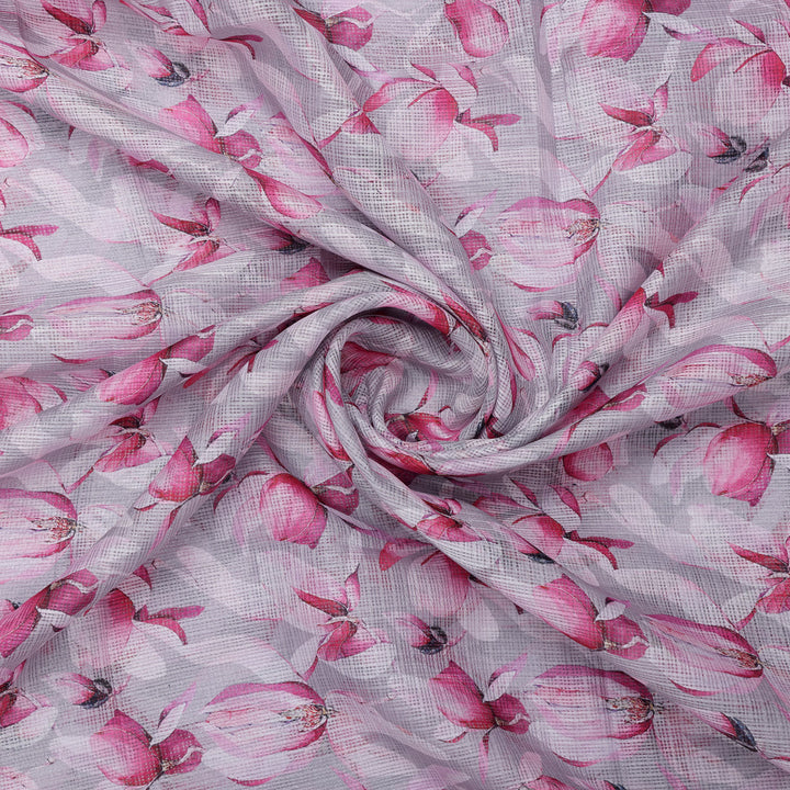 Gorgeous Pink and White Floral Printed Kota Doria Fabric Material