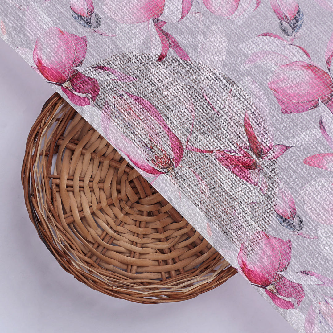 Gorgeous Pink and White Floral Printed Kota Doria Fabric Material