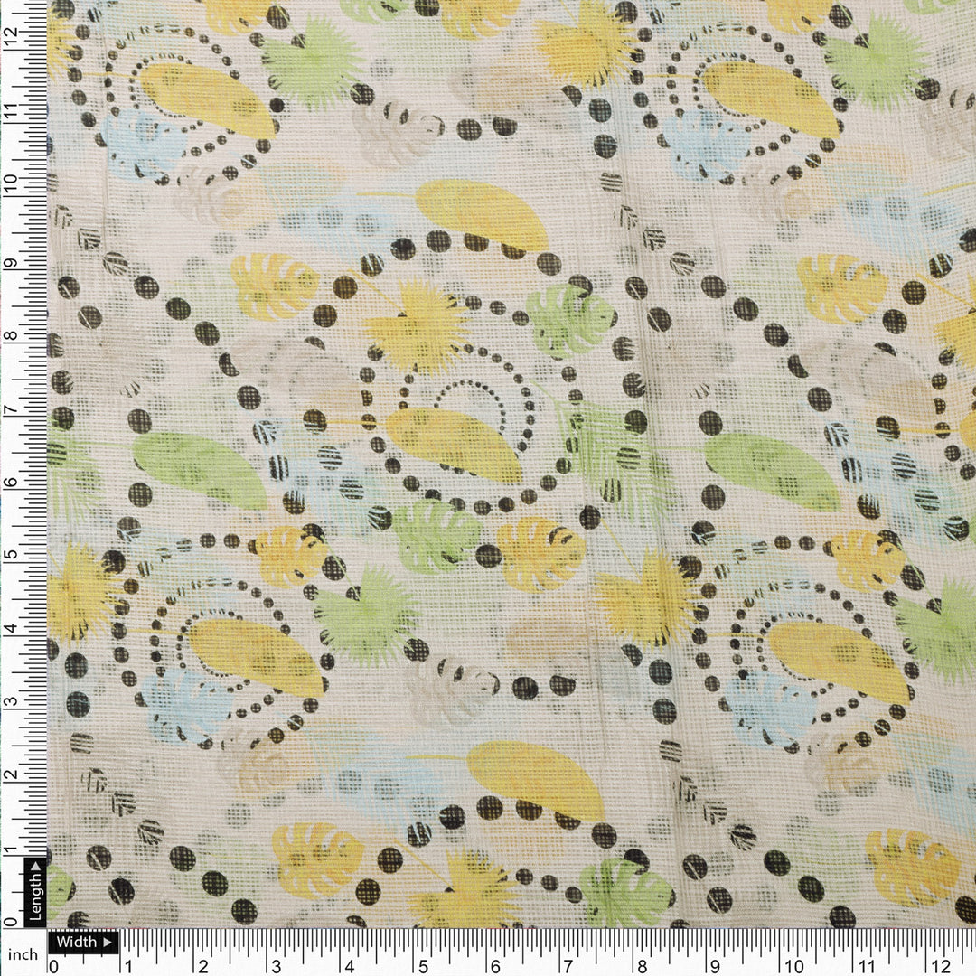 Gorgeous Kota Doria Fabric with Eye-Catching Feathers Print in Vibrant Yellow and Green