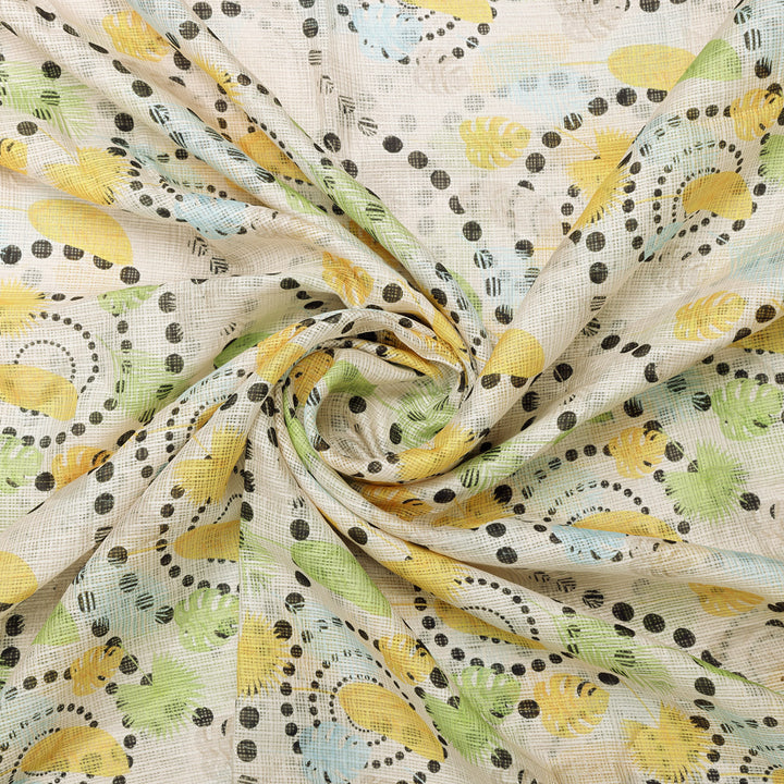 Gorgeous Kota Doria Fabric with Eye-Catching Feathers Print in Vibrant Yellow and Green