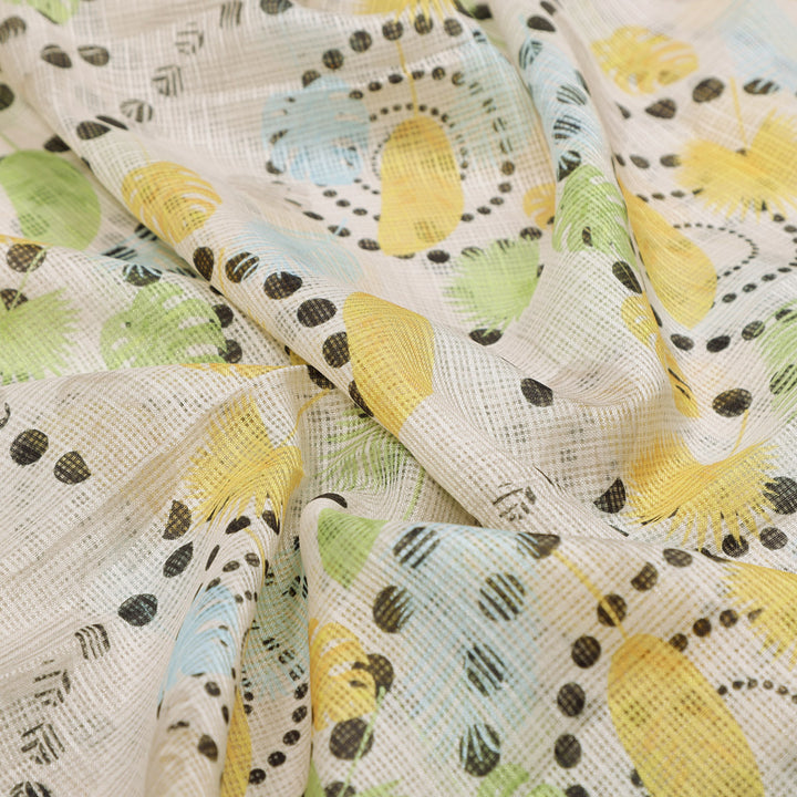 Gorgeous Kota Doria Fabric with Eye-Catching Feathers Print in Vibrant Yellow and Green