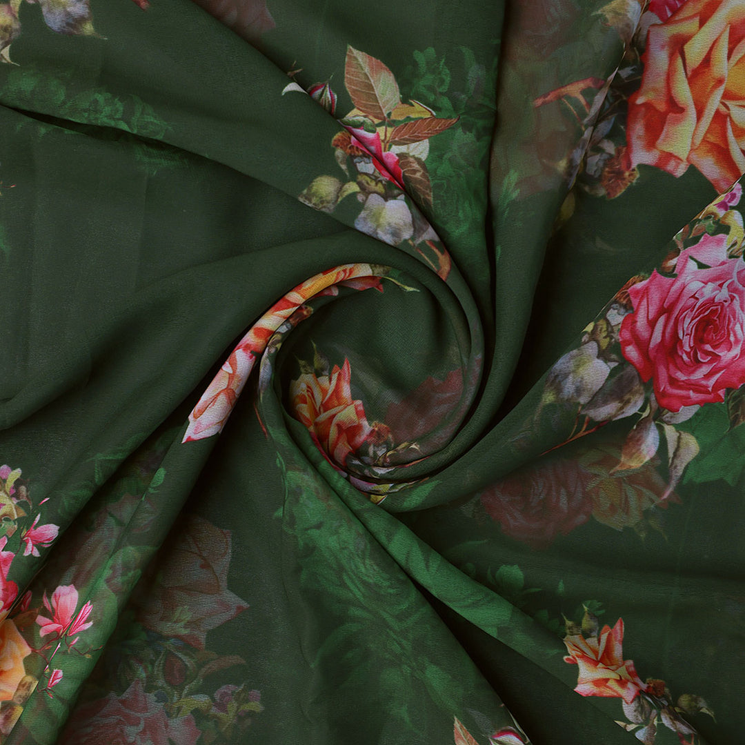 Beautiful Roses With Leaves Digital Printed Fabric - Weightless