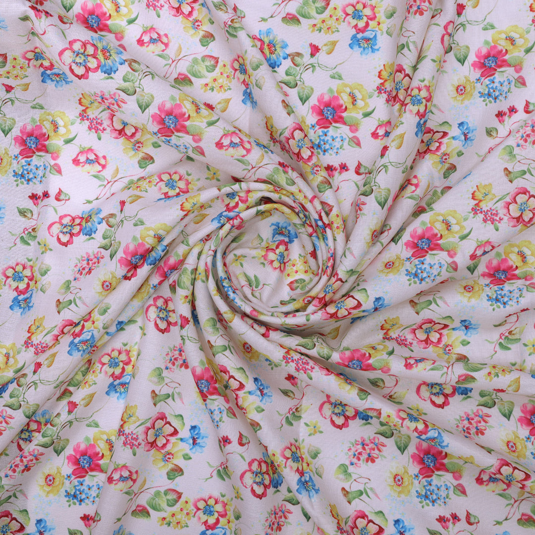 Linen Fabric with Pink, Blue and Yellow Floral Print