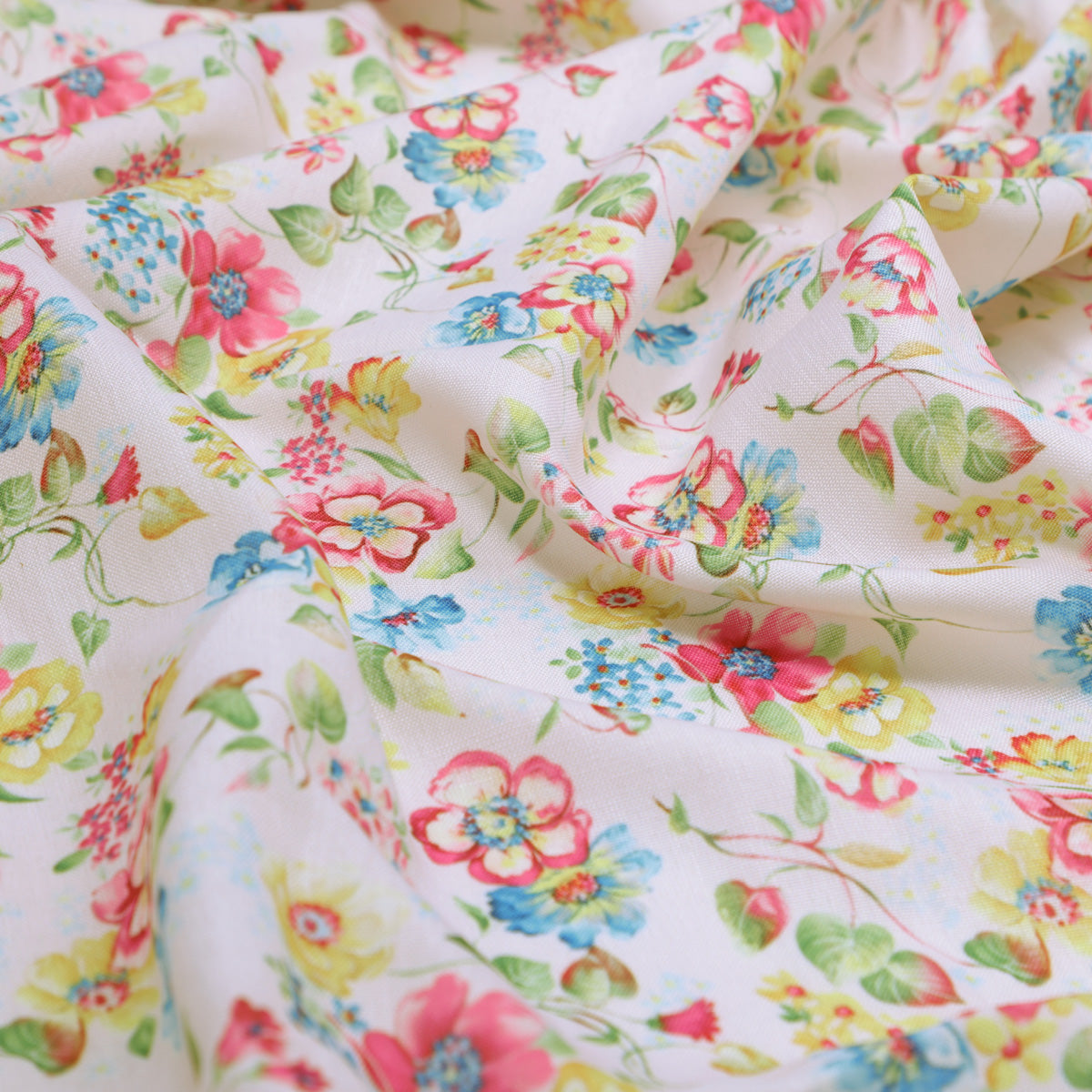 Linen Fabric with Pink, Blue and Yellow Floral Print