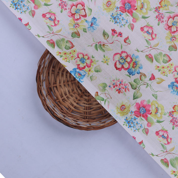 Linen Fabric with Pink, Blue and Yellow Floral Print