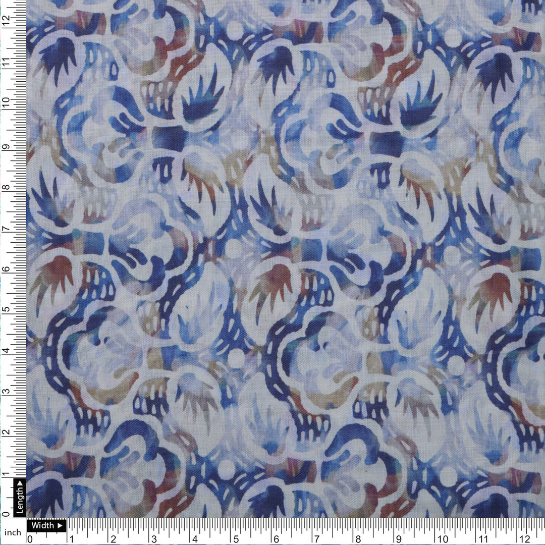 Blue and Brown Floral Printed Linen Fabric