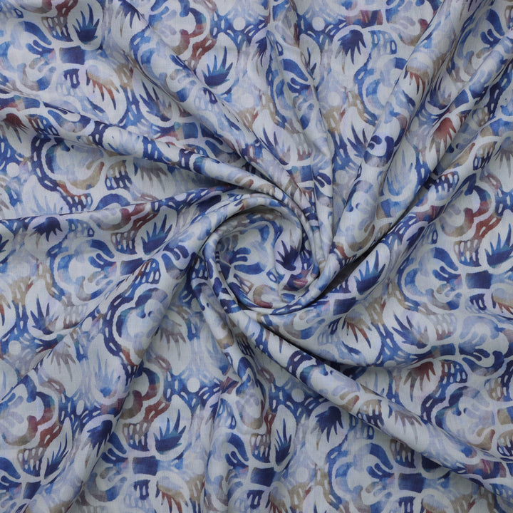 Blue and Brown Floral Printed Linen Fabric