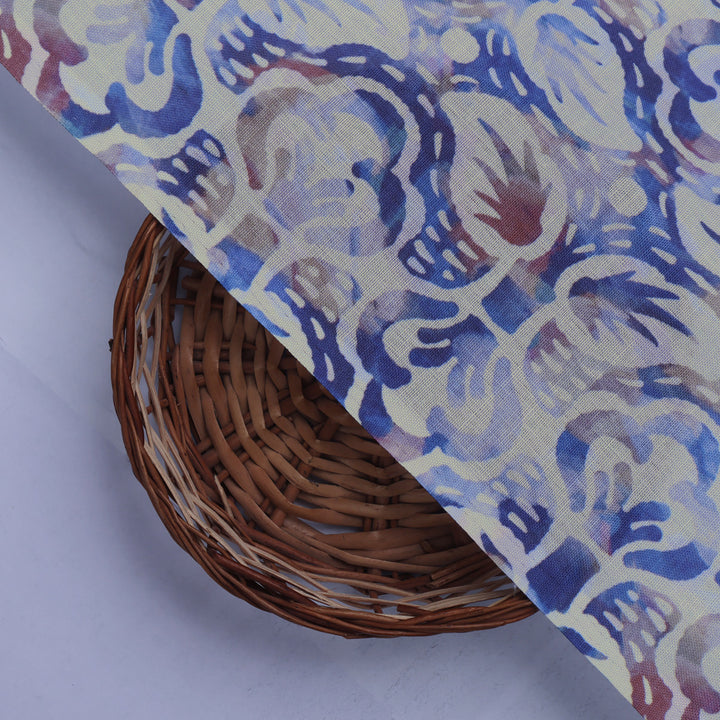 Blue and Brown Floral Printed Linen Fabric