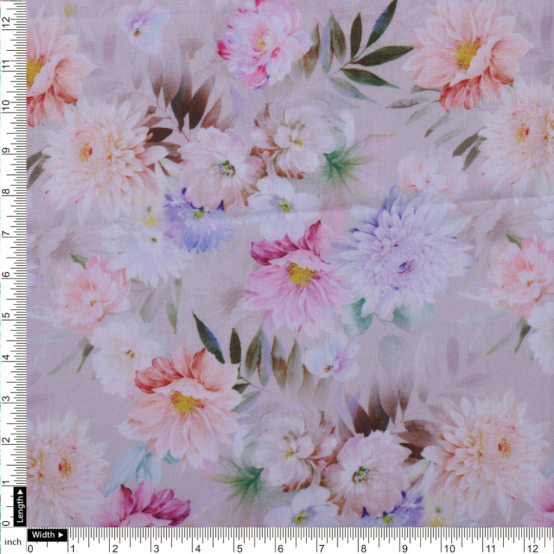 Lilac Floral Printed Linen Fabric