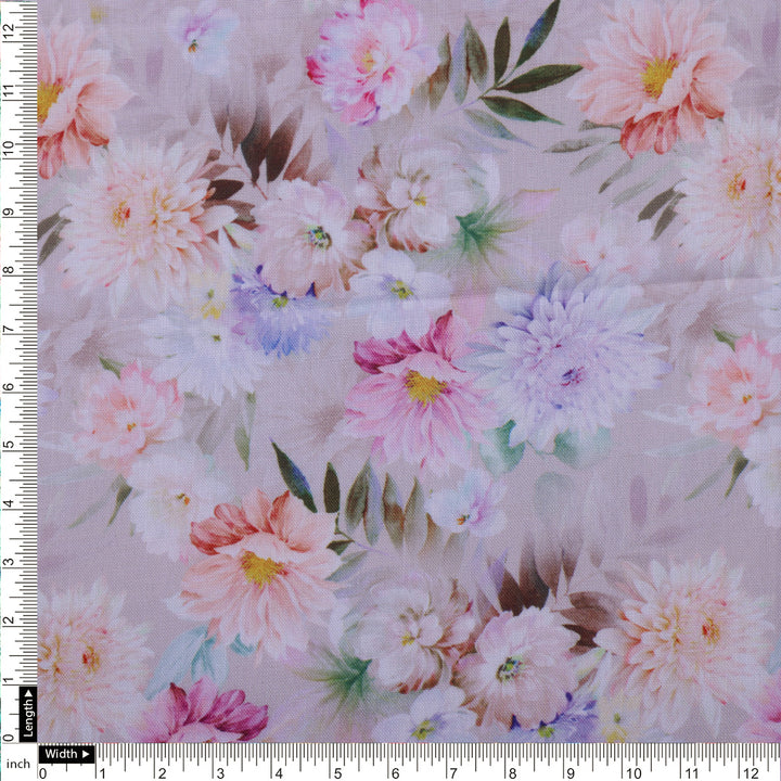 Linen Fabric with Pink and Purple Floral Print