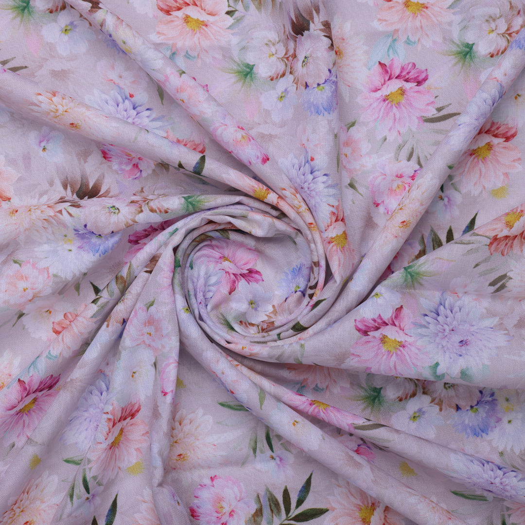 Linen Fabric with Pink and Purple Floral Print