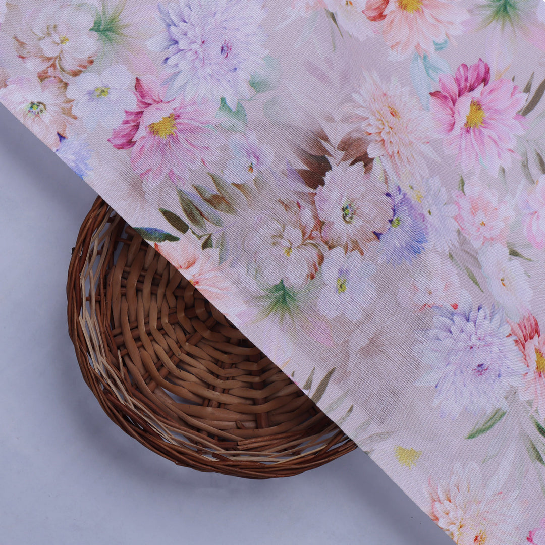 Linen Fabric with Pink and Purple Floral Print