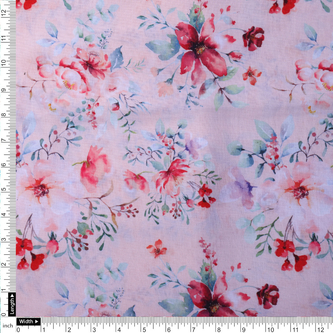 Linen Fabric with Pink Floral Print