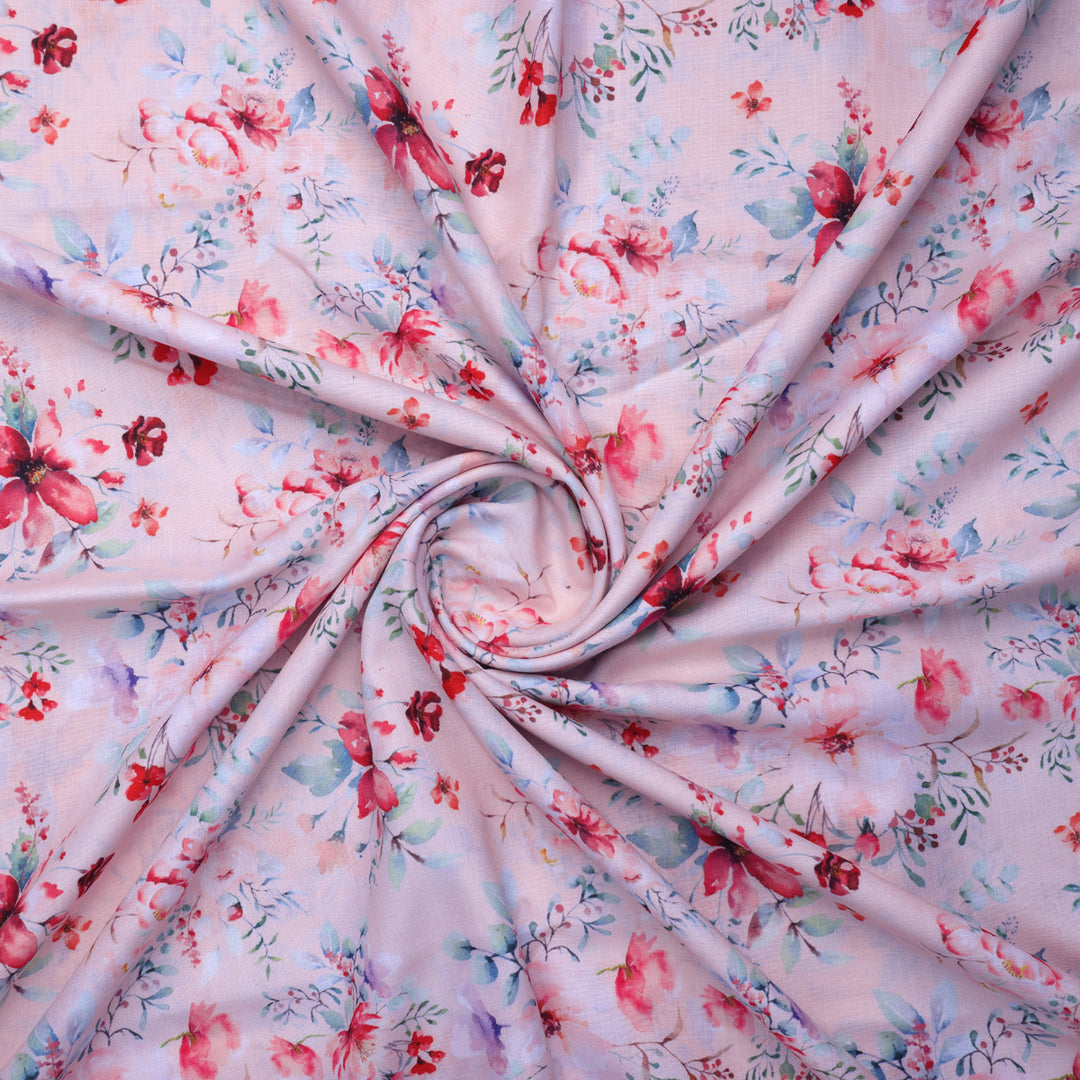 Linen Fabric with Pink Floral Print