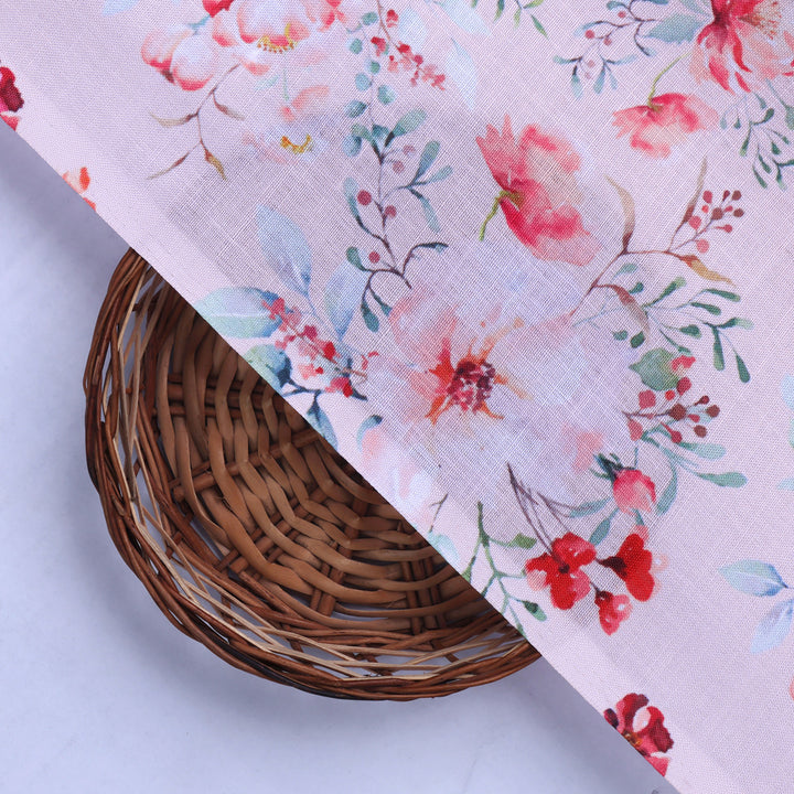 Linen Fabric with Pink Floral Print