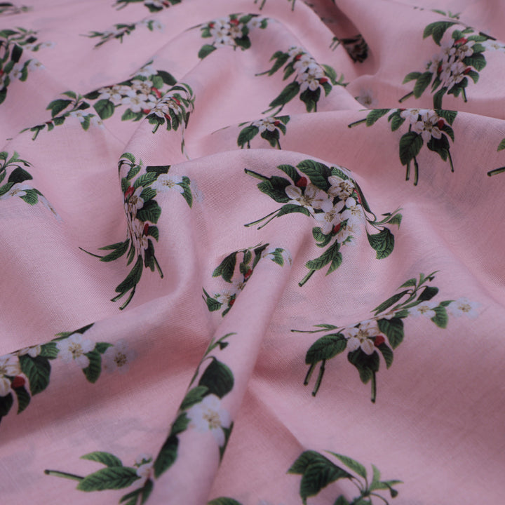 Pink Floral Printed Linen Fabric