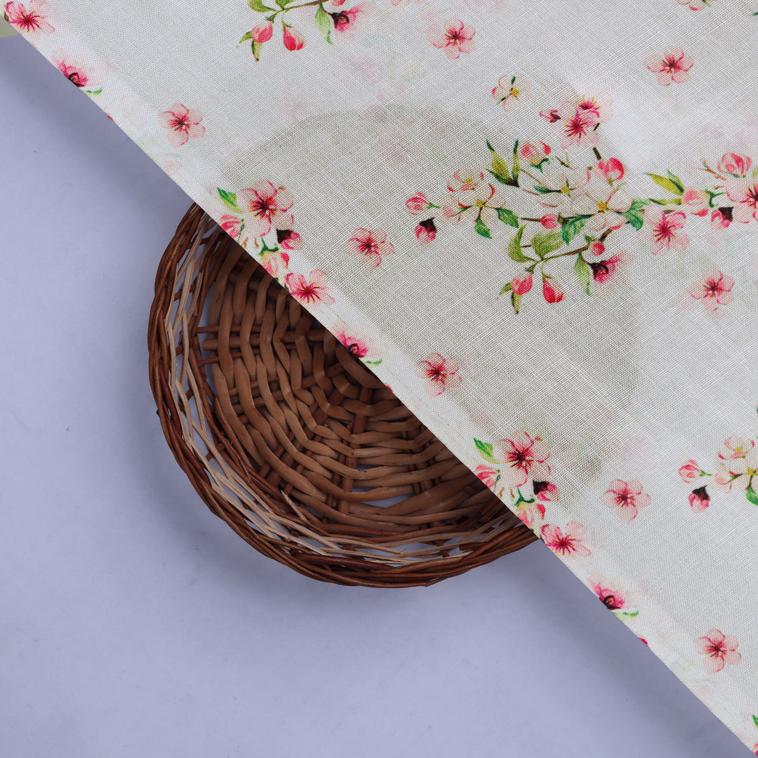 Pink Floral Printed Linen Fabric