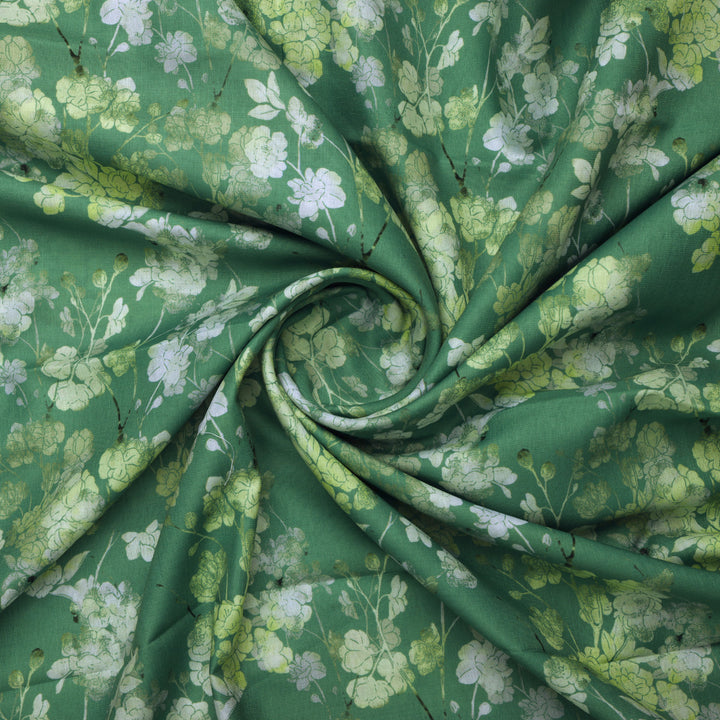 Green Floral Printed Linen Fabric