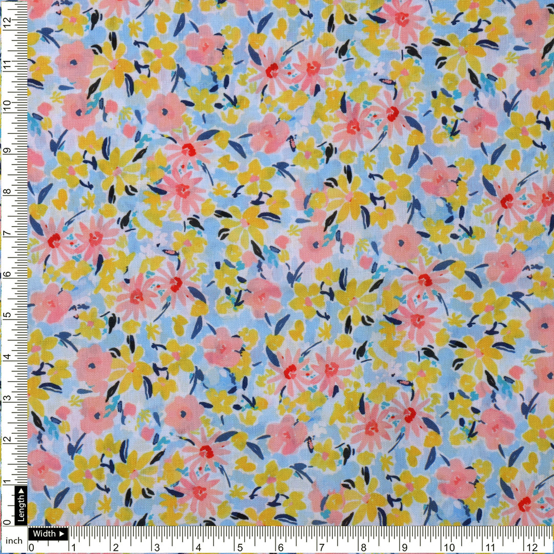 Linen Fabric with Pink, Yellow and Blue Floral Print