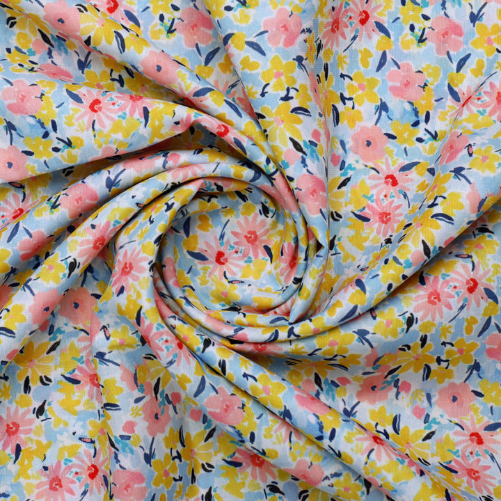 Linen Fabric with Pink, Yellow and Blue Floral Print