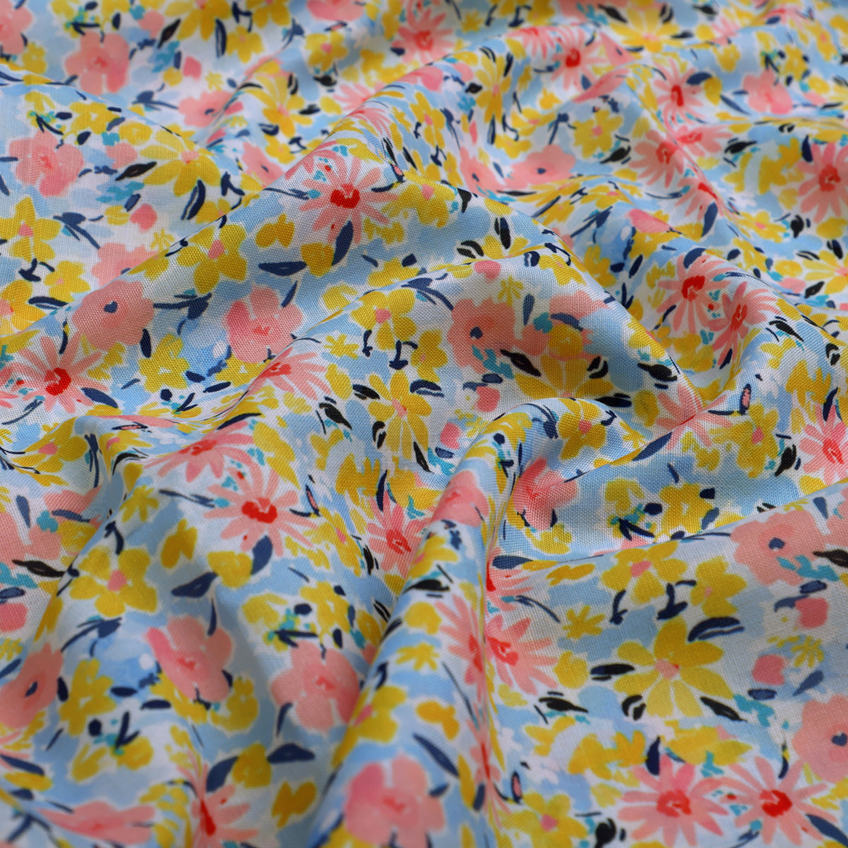 Linen Fabric with Pink, Yellow and Blue Floral Print