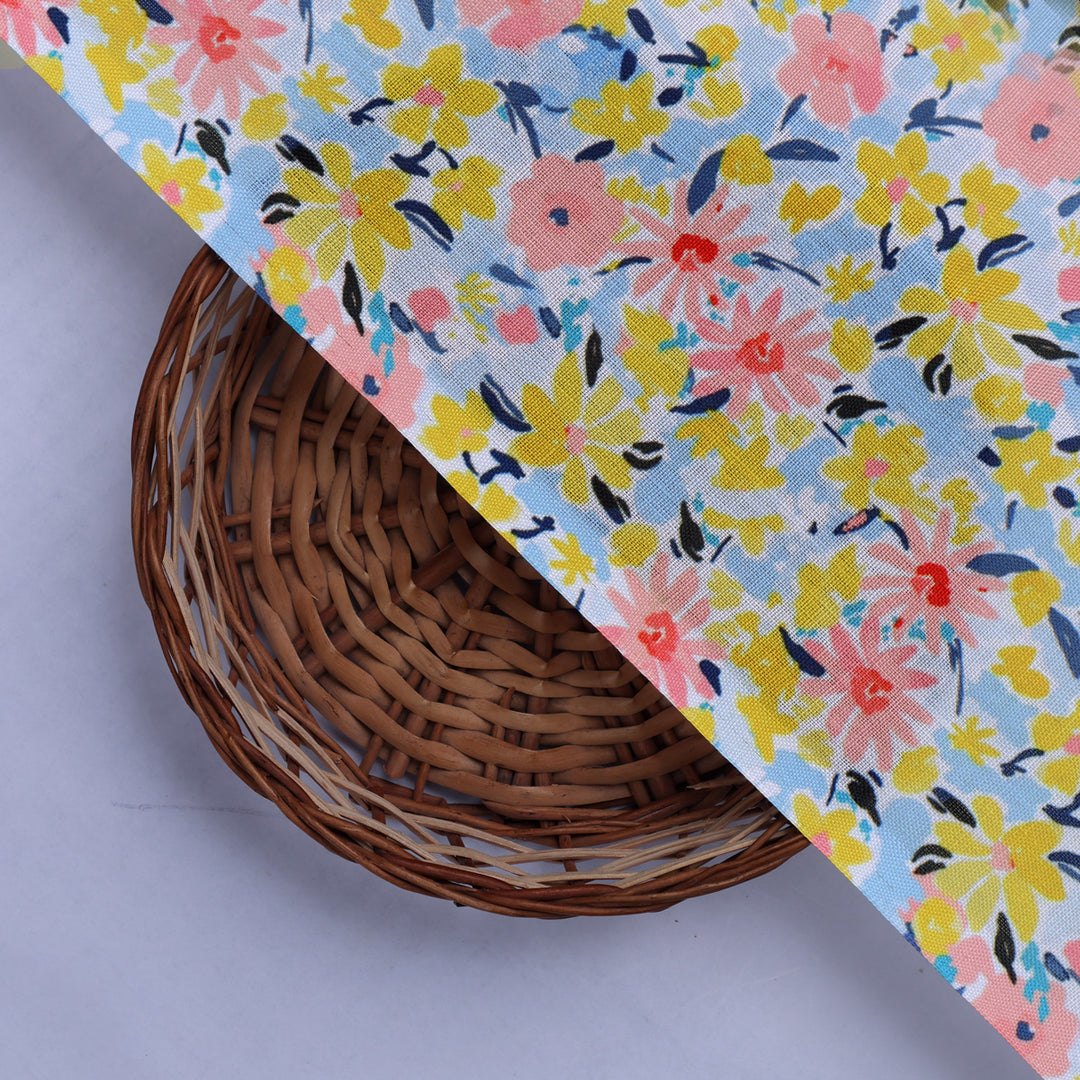 Linen Fabric with Pink, Yellow and Blue Floral Print