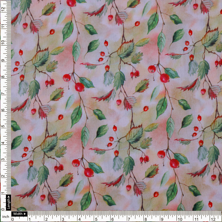 Linen Fabric with Red Berries and Leaves Print