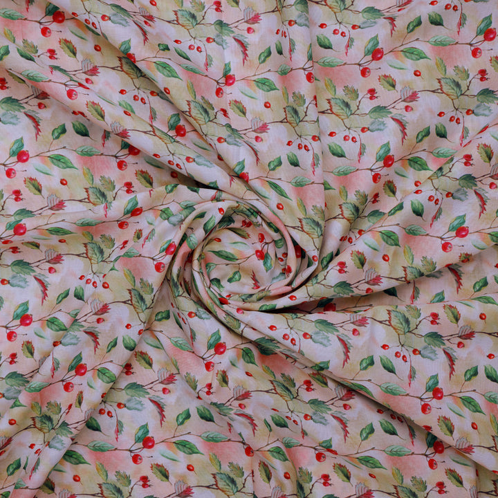 Linen Fabric with Red Berries and Leaves Print