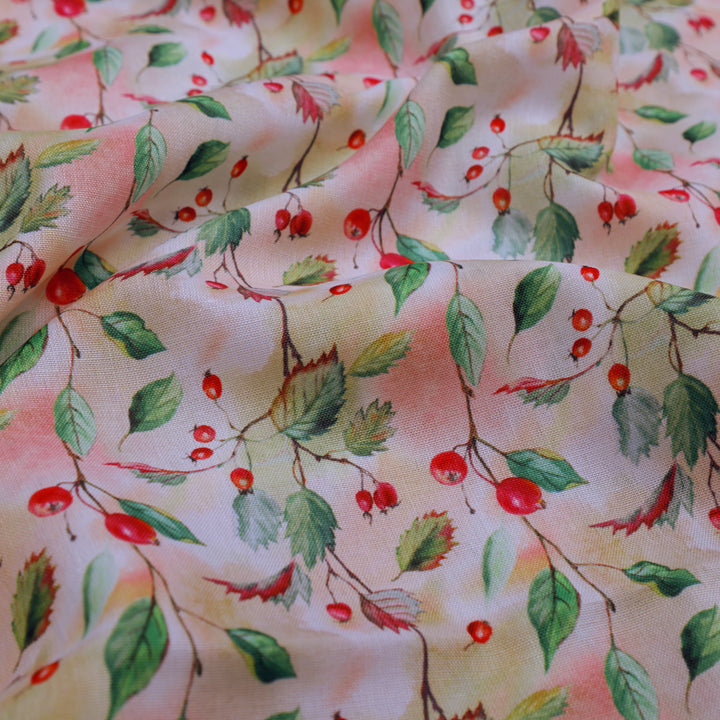 Linen Fabric with Red Berries and Leaves Print