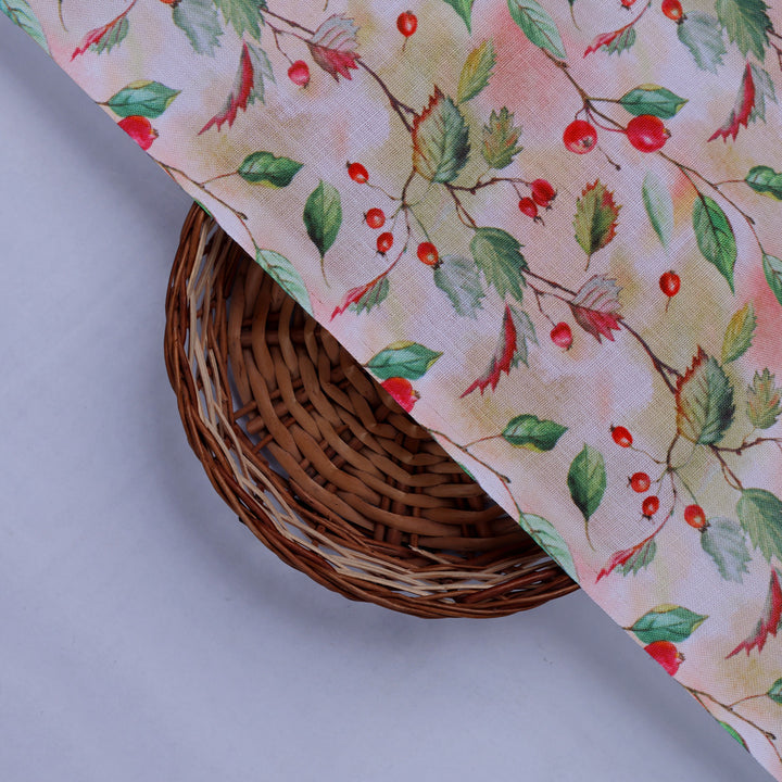 Linen Fabric with Red Berries and Leaves Print