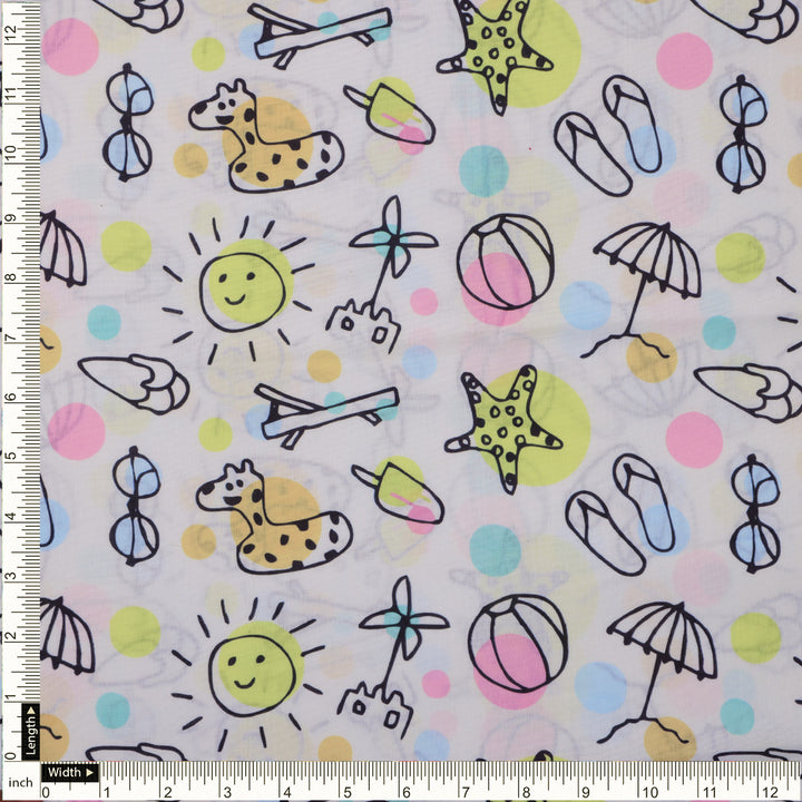 Linen Fabric with Fun Summer Beach Themed Print