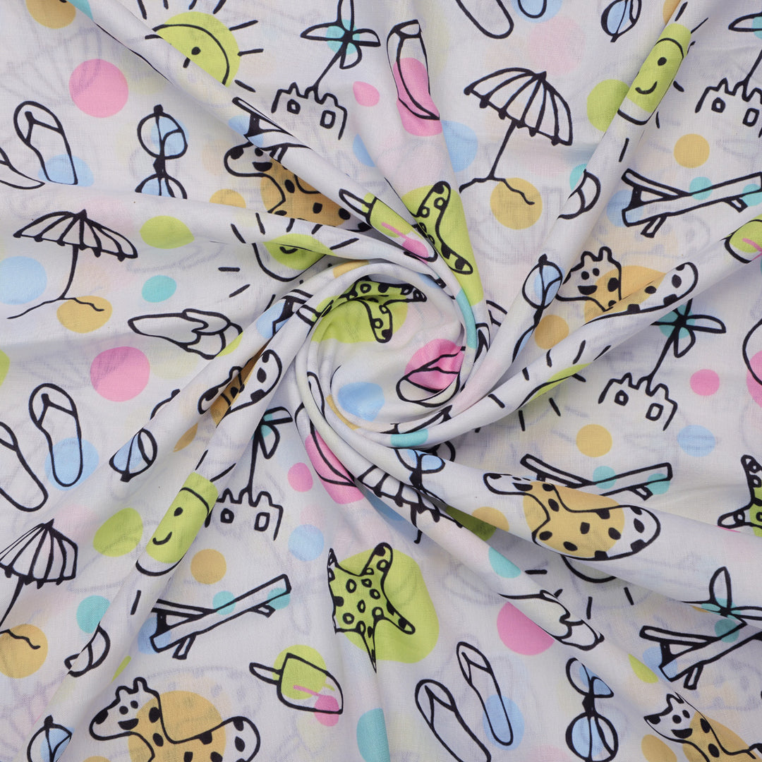 Linen Fabric with Fun Summer Beach Themed Print