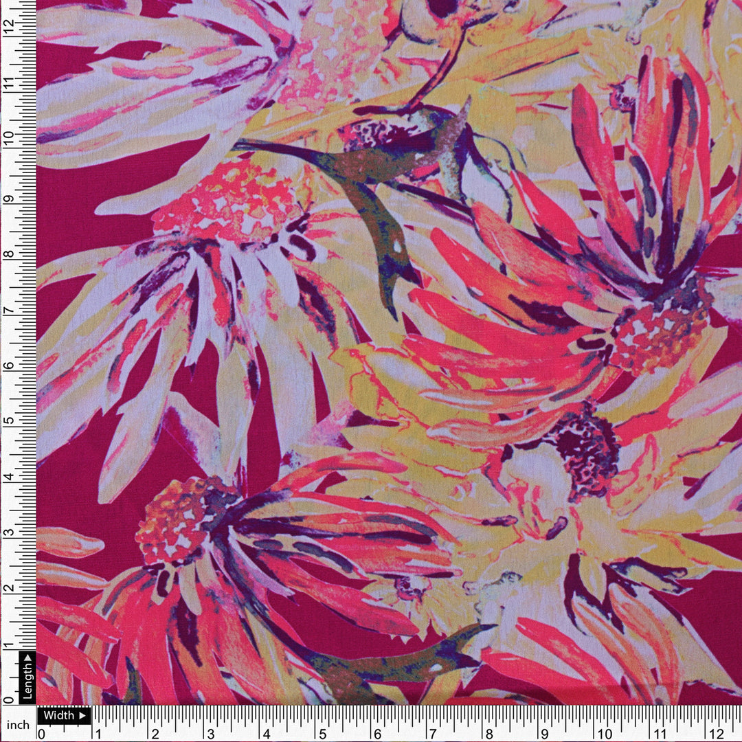 Pink Multicolor Floral Printed Japan Satin Fabric