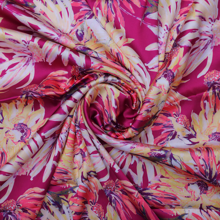 Pink Multicolor Floral Printed Japan Satin Fabric