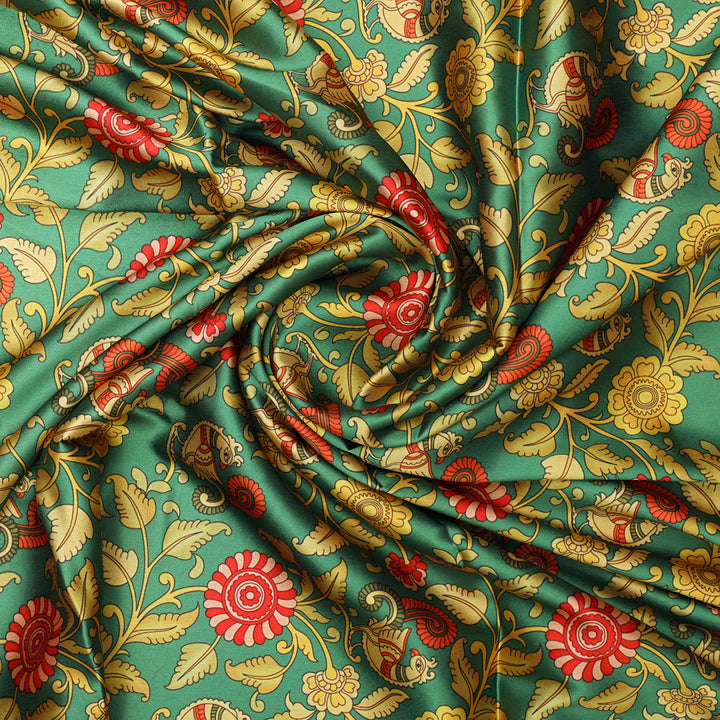 Buy Kalamkari Peacock Print Satin Fabric Online at Best Price