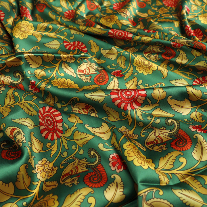 Buy Kalamkari Peacock Print Satin Fabric Online at Best Price