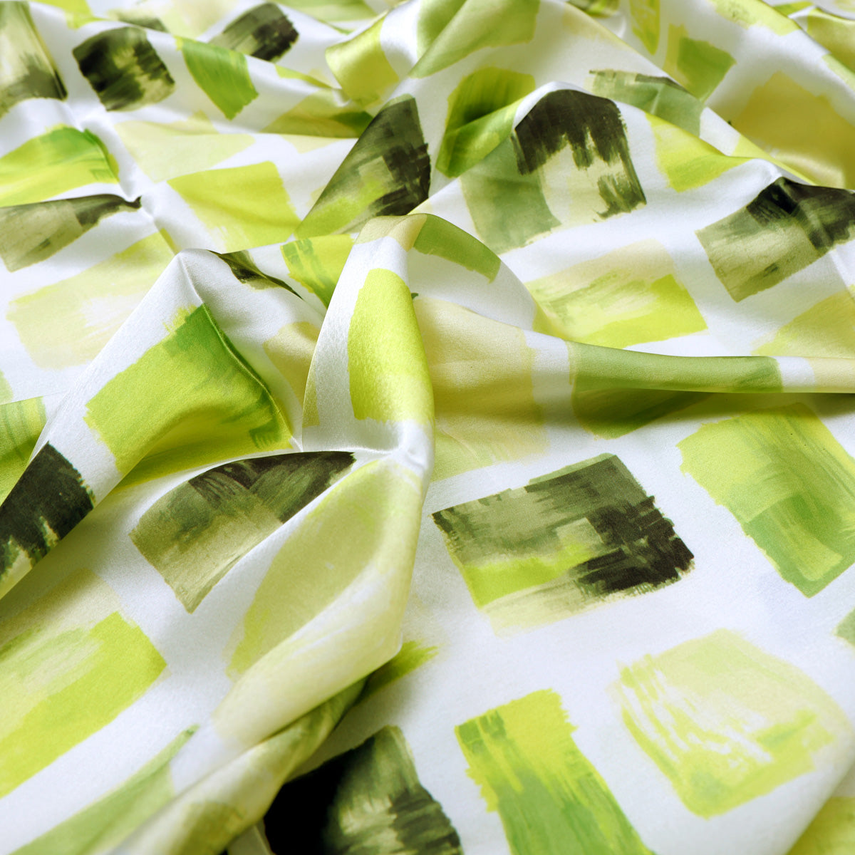 Abstract Green Squares Printed Japan Satin Fabric