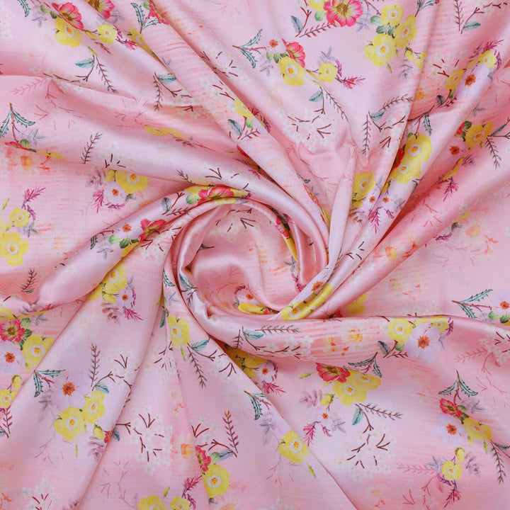 Yellow Floral Printed Japan Satin Fabric