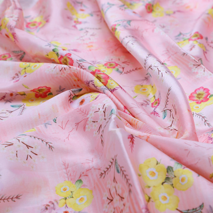 Yellow Floral Printed Japan Satin Fabric