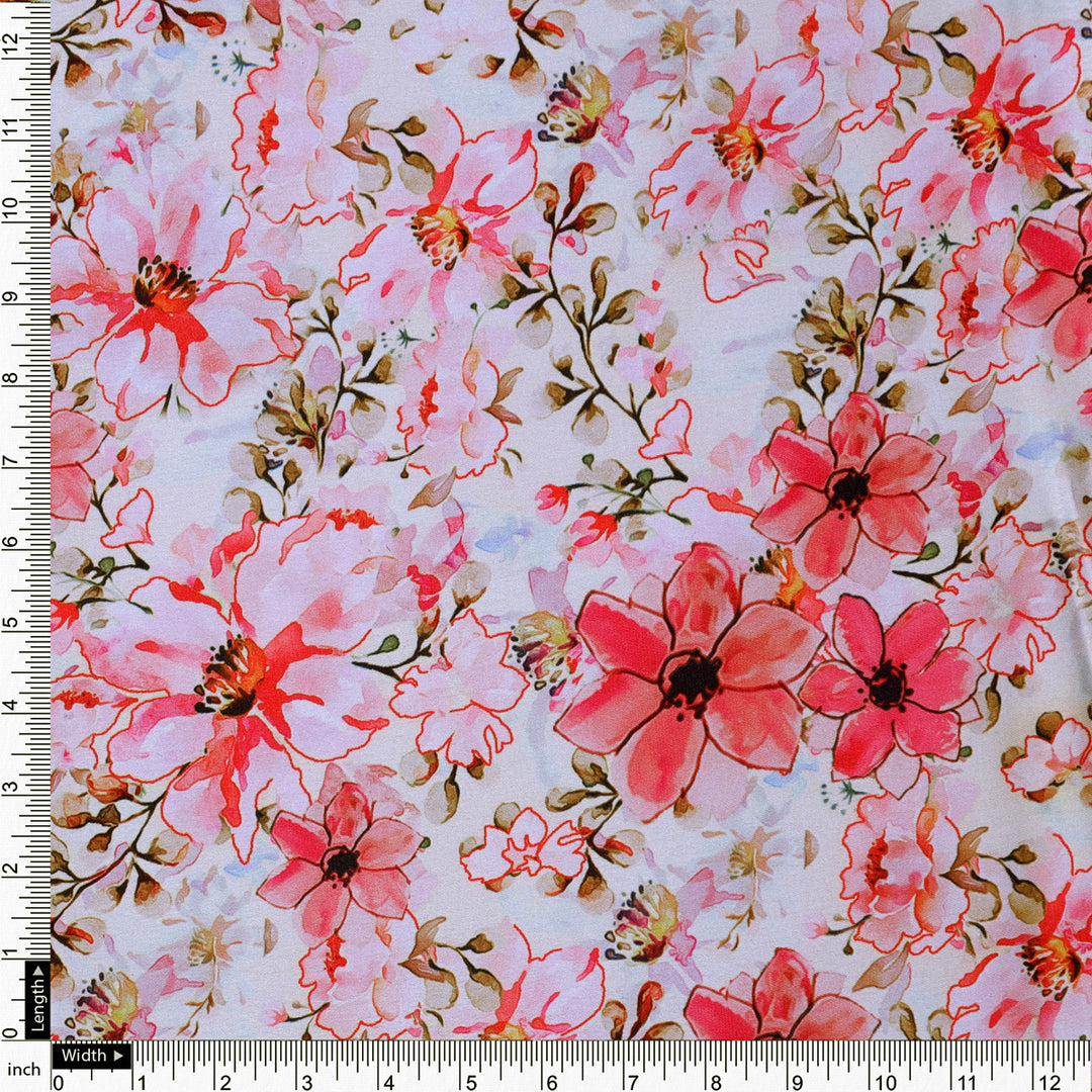 Pink Floral Print Satin Fabric