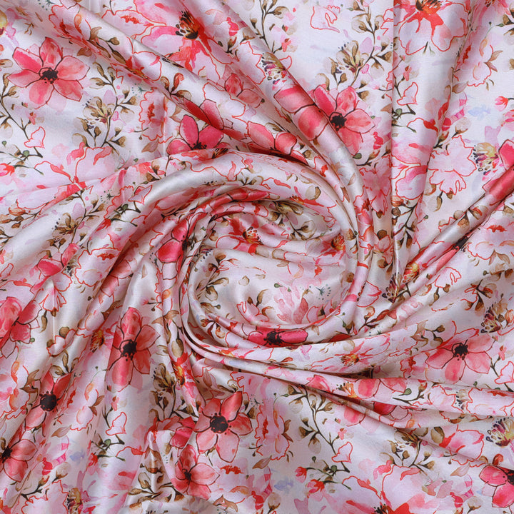 Pink Floral Print Satin Fabric