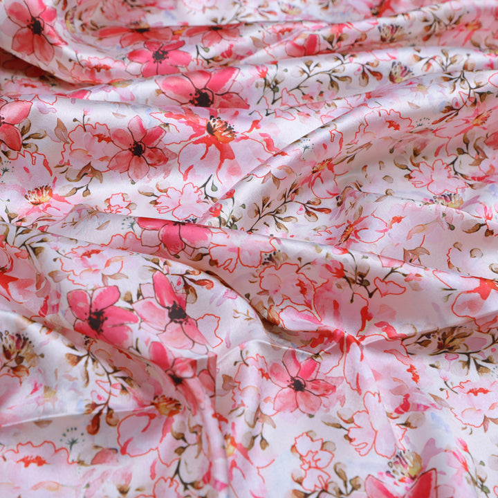 Pink Floral Print Satin Fabric