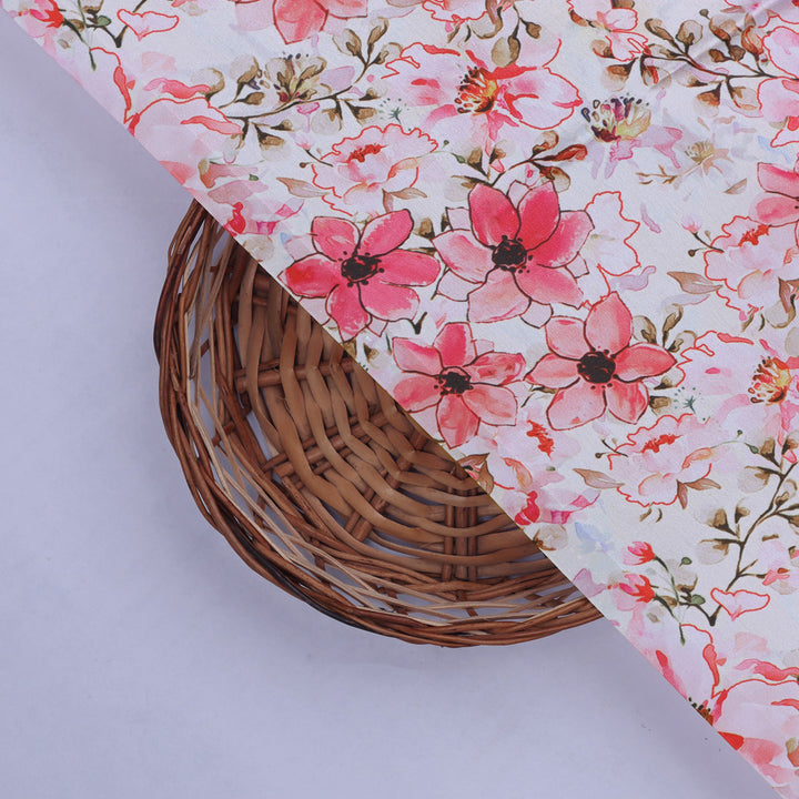 Pink Floral Print Satin Fabric