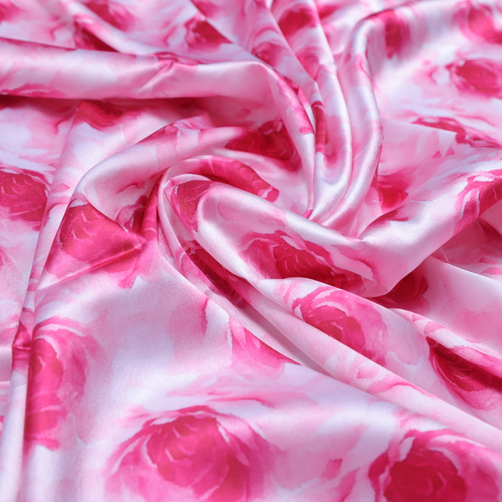 Pink Roses Printed Japan Satin Fabric