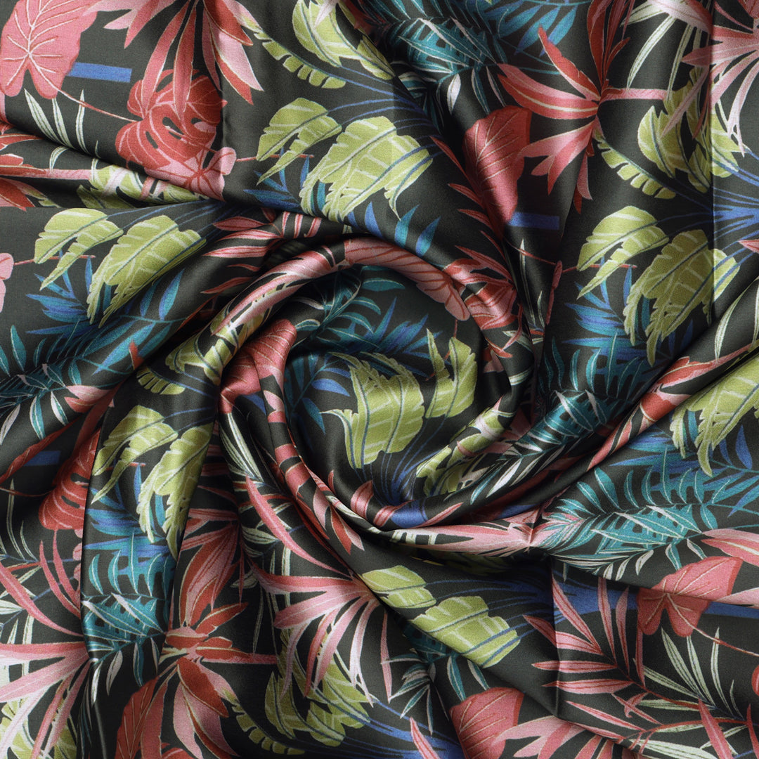 Tropical Leaves Printed Japan Satin Fabric