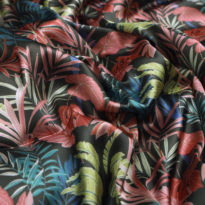 Tropical Leaves Printed Japan Satin Fabric