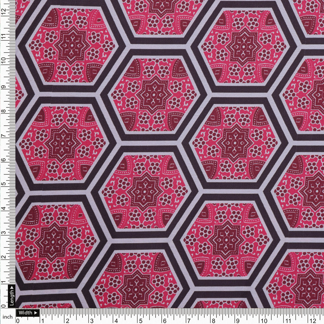 Pink and Black Hexagon Pattern Printed Japan Satin Fabric