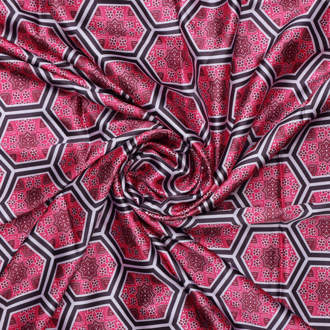 Pink and Black Hexagon Pattern Printed Japan Satin Fabric