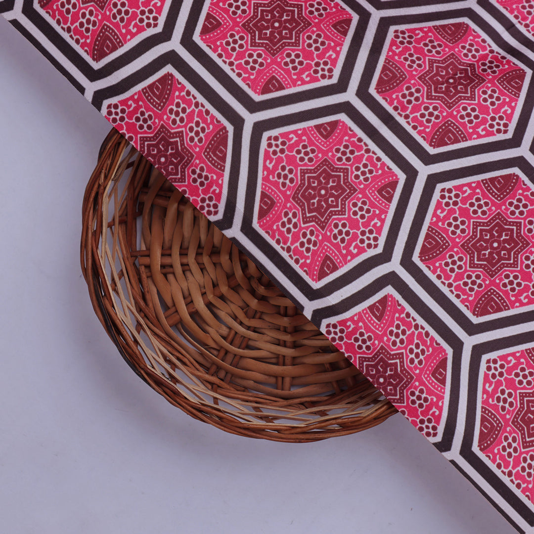 Pink and Black Hexagon Pattern Printed Japan Satin Fabric