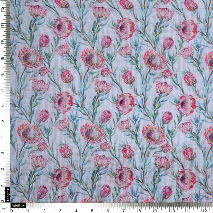 Pink Protea Floral Printed Kota Doria Fabric